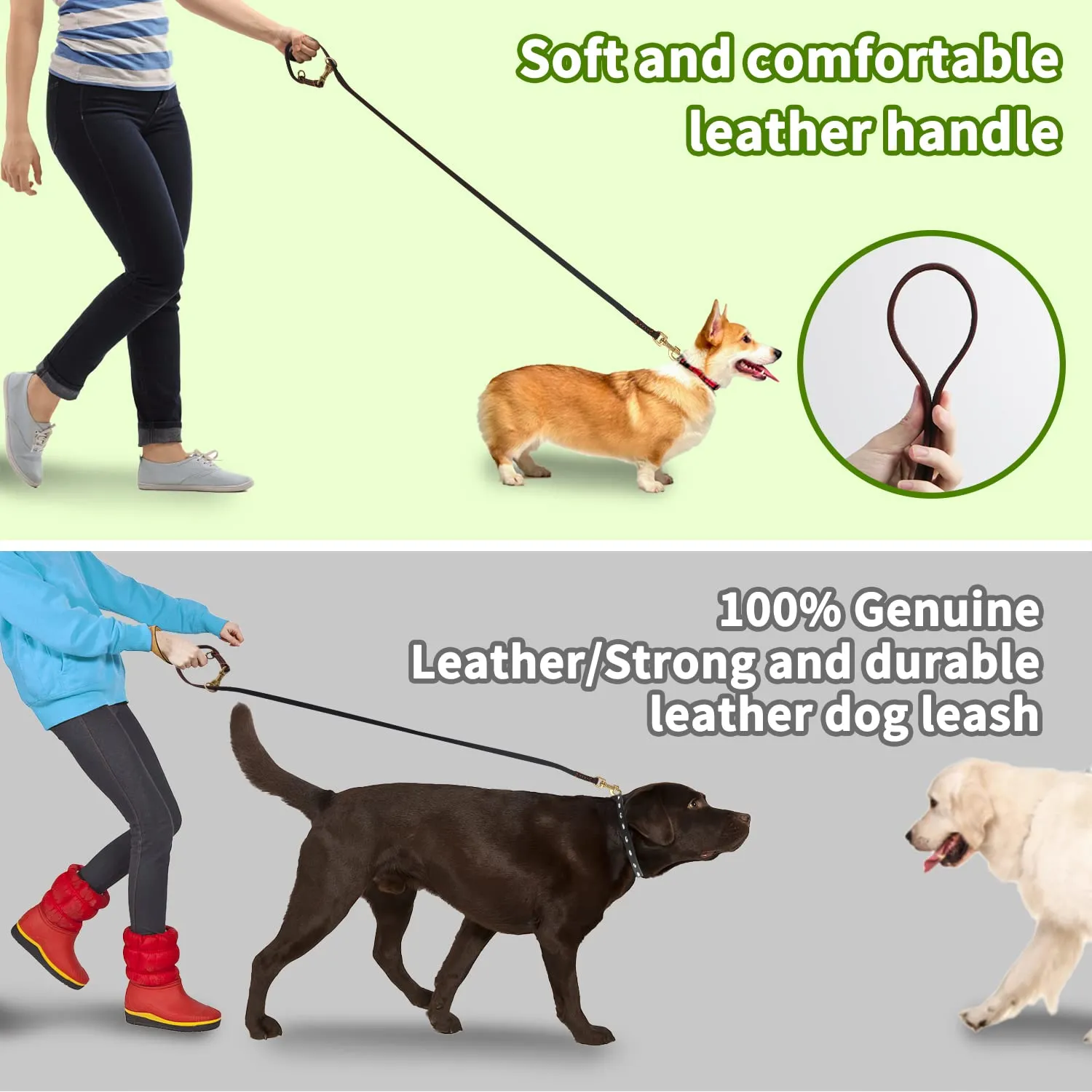 LWBMG 8ft Genuine Leather Dog Leash,  Hands Free Double Ended Dog Training Leash