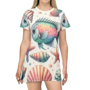 Marine Life Pattern Shirt Dress Bold and Vibrant