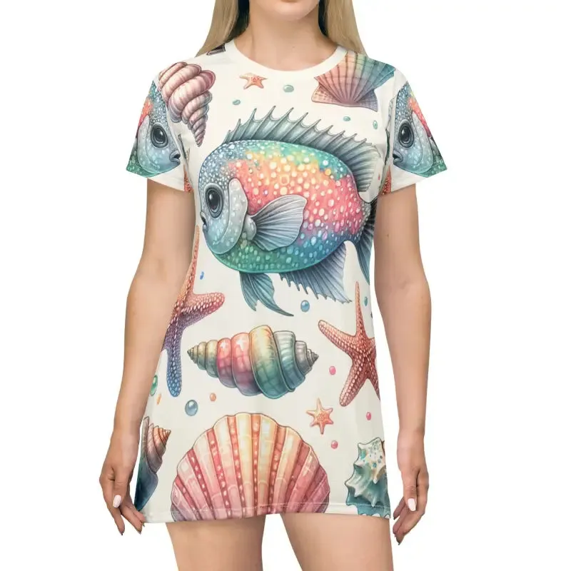 Marine Life Pattern Shirt Dress Bold and Vibrant