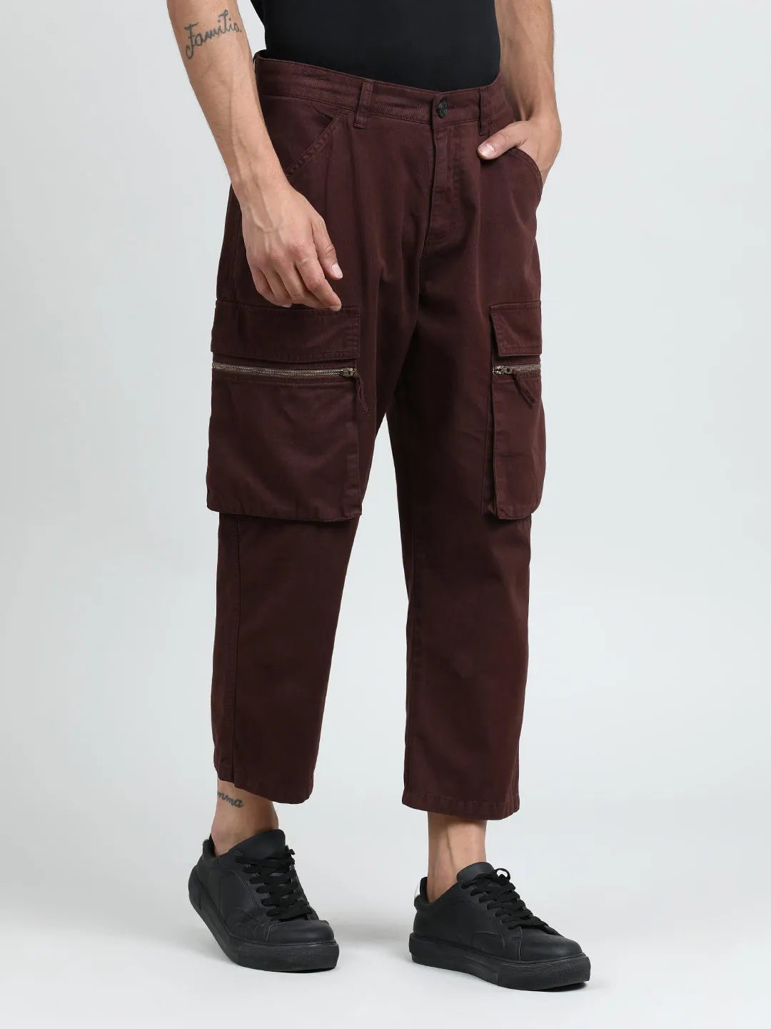 Men Braken Brown Cropped Loose Fit Cargo Trouser with Zipper Detail