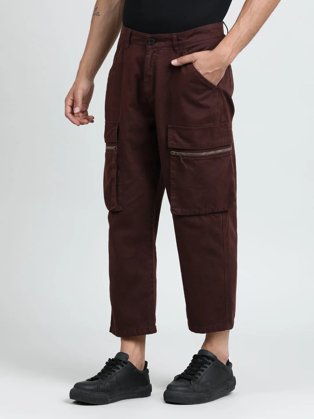 Men Braken Brown Cropped Loose Fit Cargo Trouser with Zipper Detail