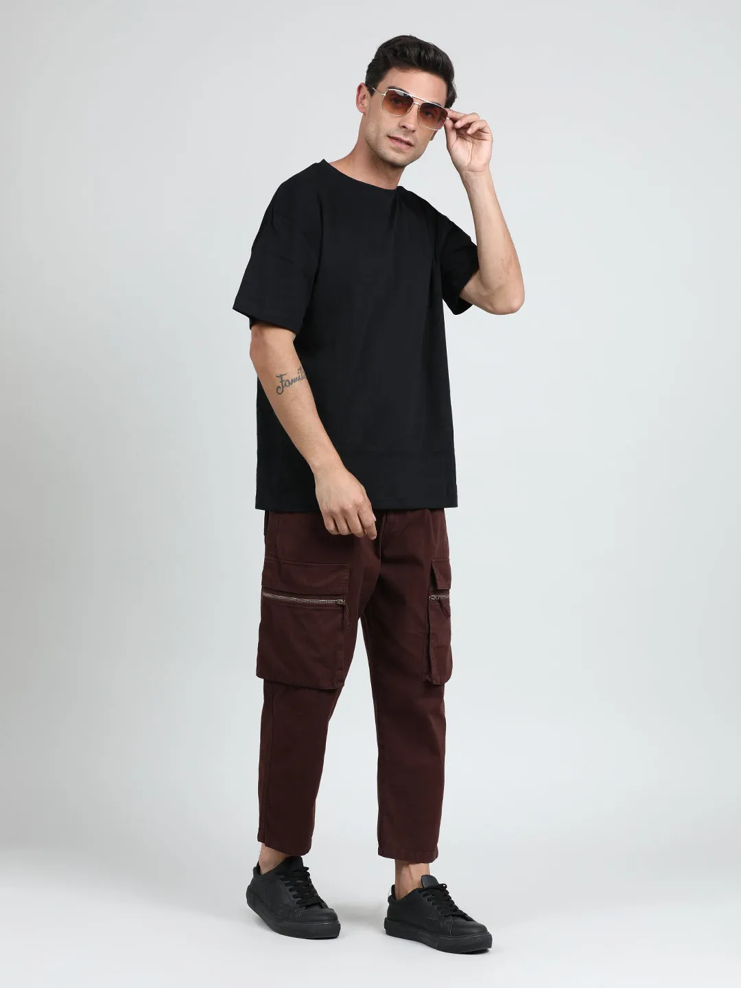 Men Braken Brown Cropped Loose Fit Cargo Trouser with Zipper Detail