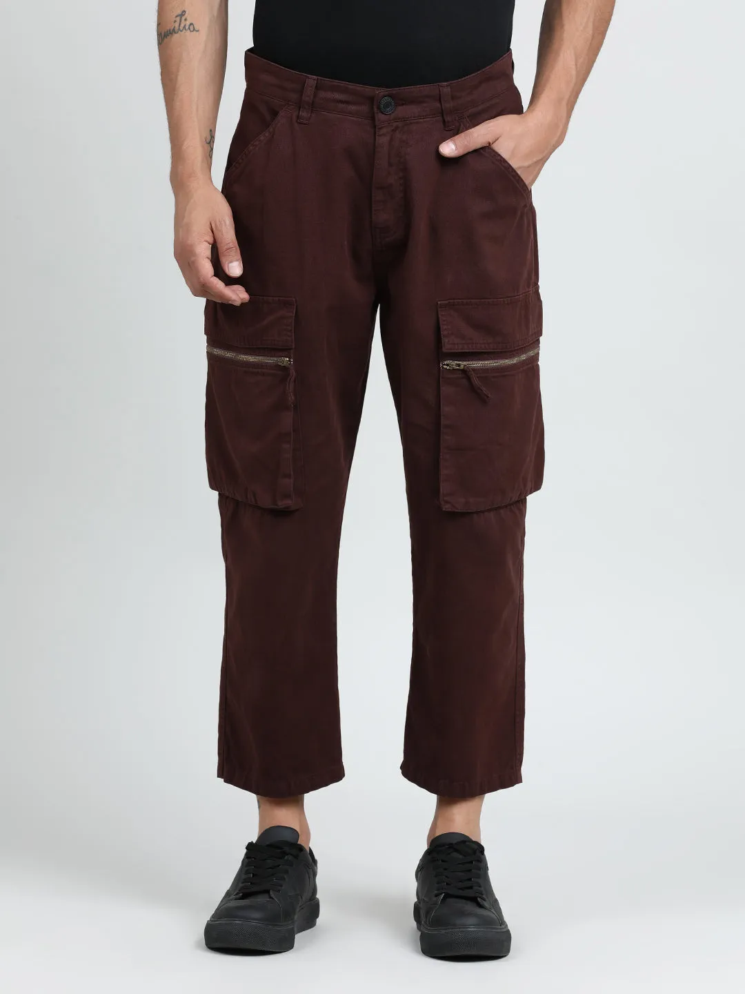 Men Braken Brown Cropped Loose Fit Cargo Trouser with Zipper Detail