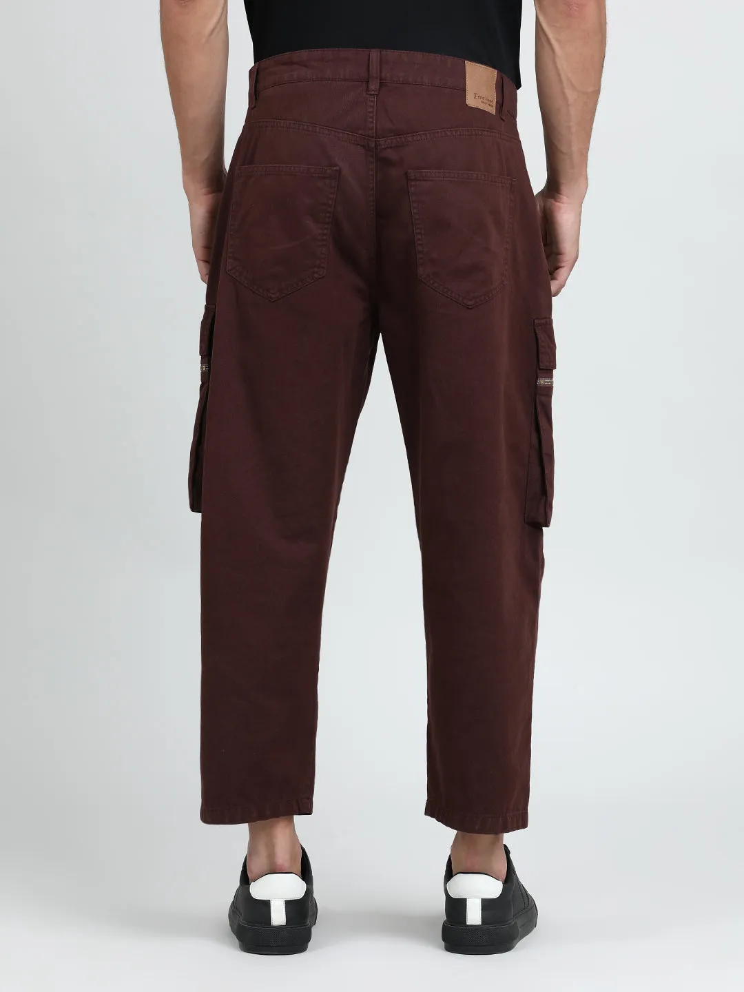 Men Braken Brown Cropped Loose Fit Cargo Trouser with Zipper Detail