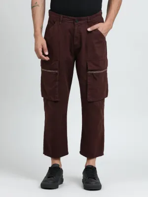 Men Braken Brown Cropped Loose Fit Cargo Trouser with Zipper Detail