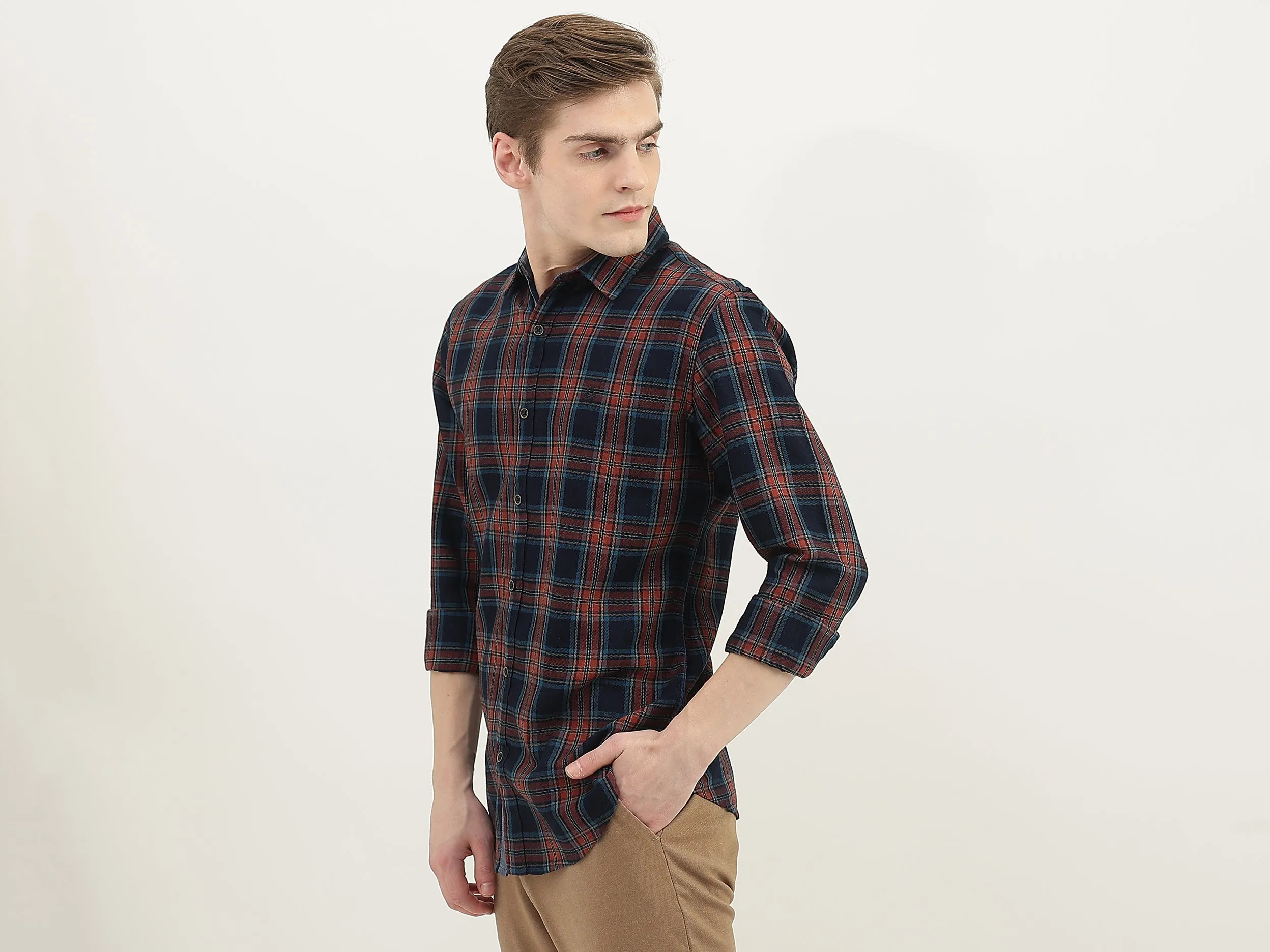 Men Checked Spread Collar Shirt