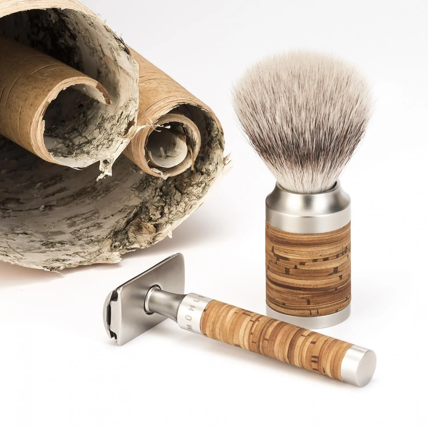 MÜHLE ROCCA 3 Pc. Shaving Set, Silvertip Badger / Safety Razor, Birch Bark & Stainless Steel