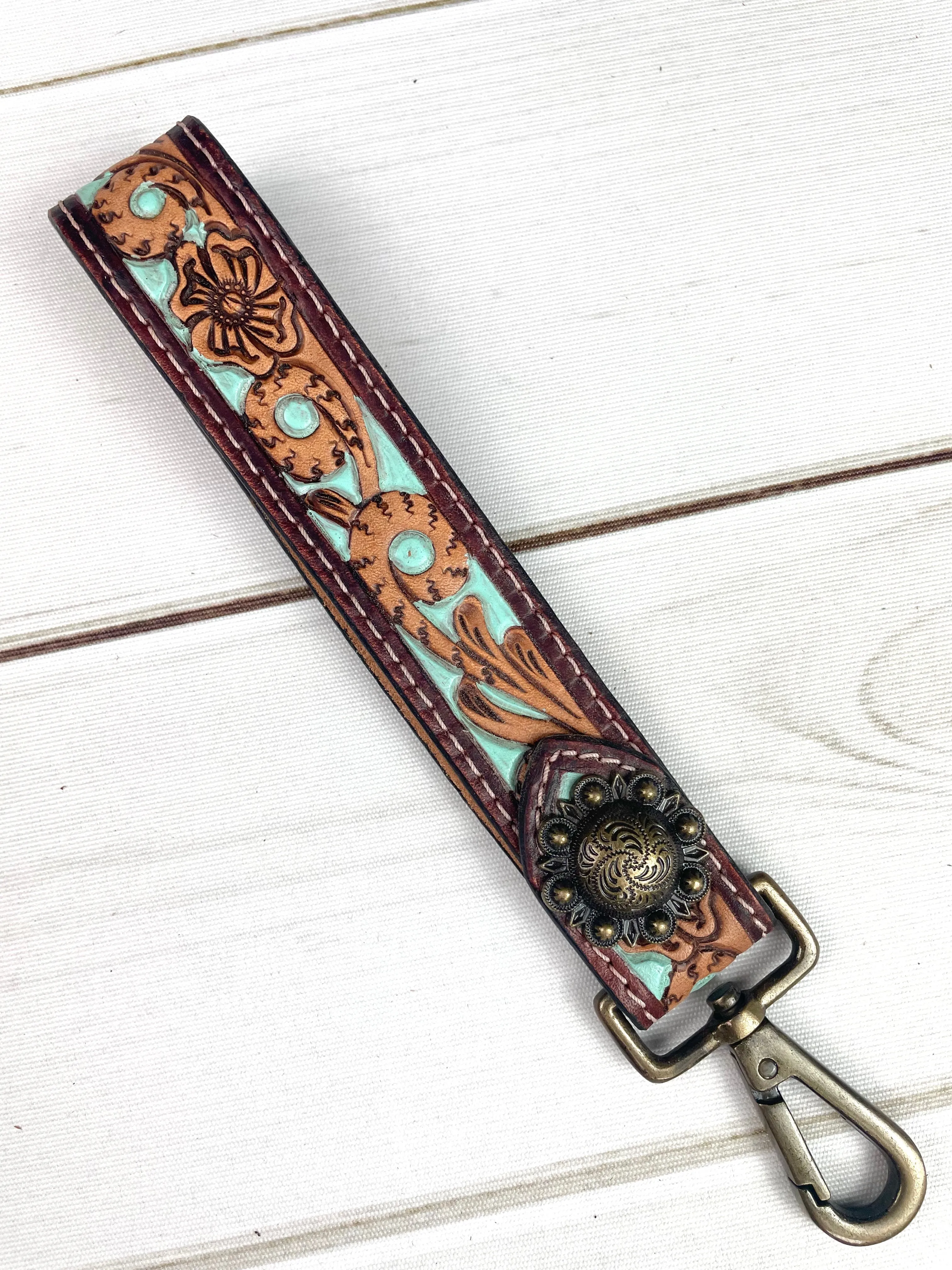 Mint/Aqua Painted Tooled Wristlet Leather Keychain