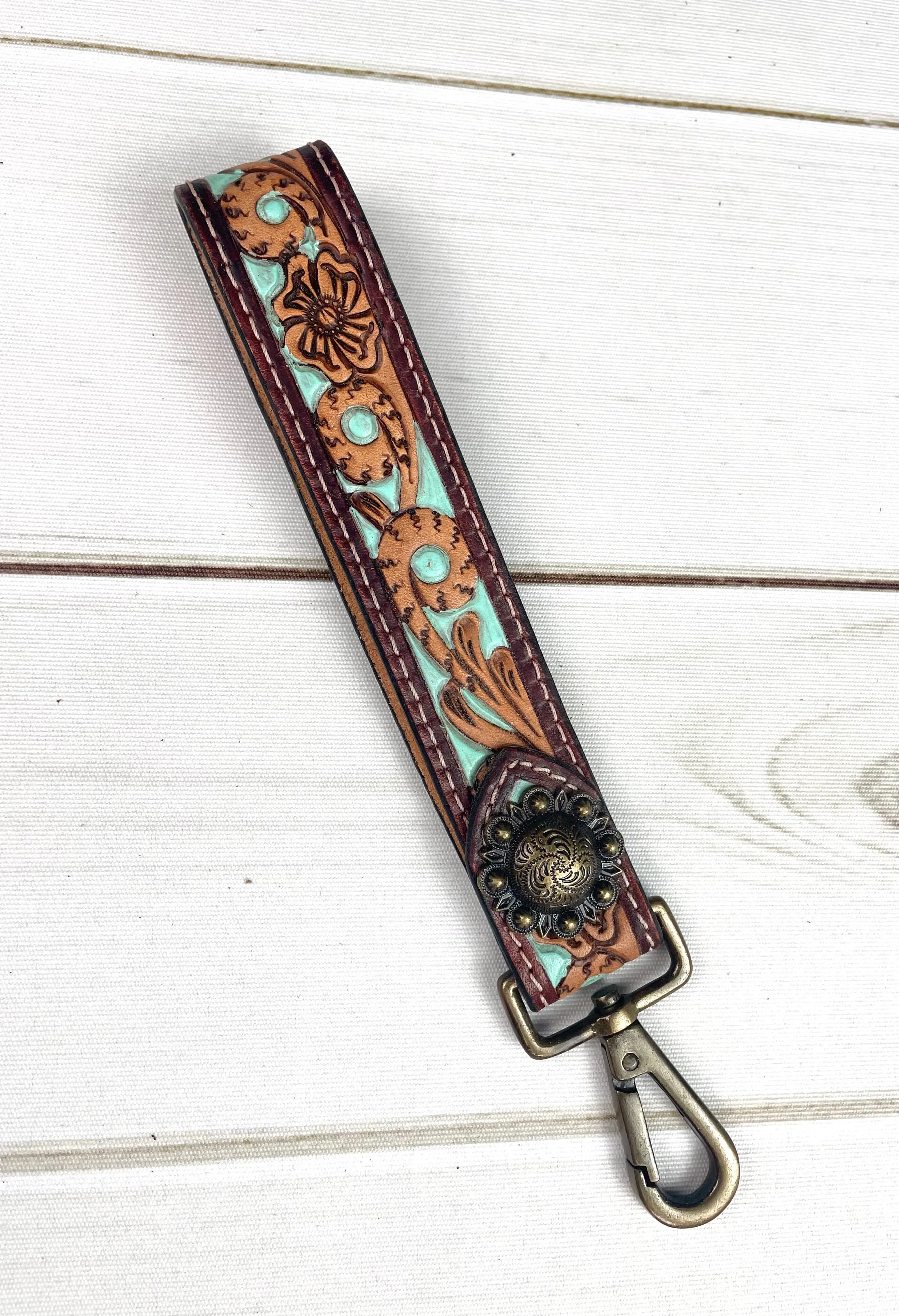 Mint/Aqua Painted Tooled Wristlet Leather Keychain