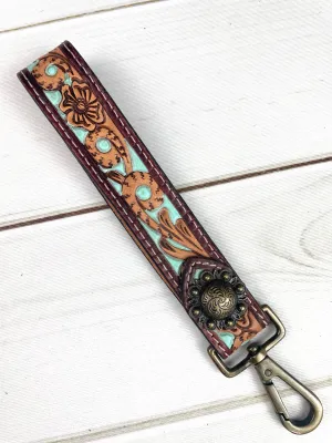 Mint/Aqua Painted Tooled Wristlet Leather Keychain