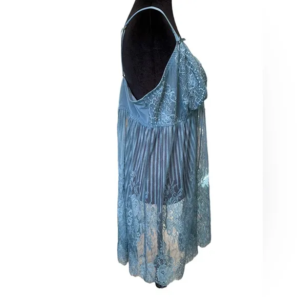 NEW Cacique Steel Blue All Over Sheer Lace Caged Babydoll Lingerie Slip Dress