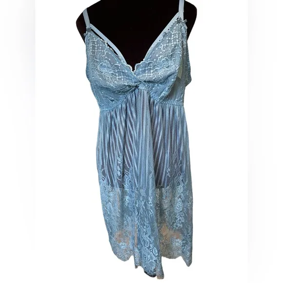 NEW Cacique Steel Blue All Over Sheer Lace Caged Babydoll Lingerie Slip Dress