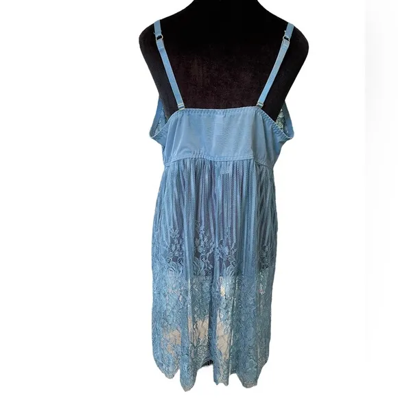 NEW Cacique Steel Blue All Over Sheer Lace Caged Babydoll Lingerie Slip Dress