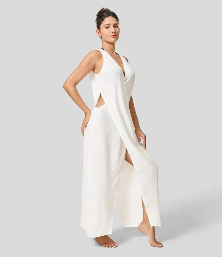 New Halara V Neck Sleeveless Cut Out Split Maxi Casual Linen-Feel Dress! White! L Retails $54 