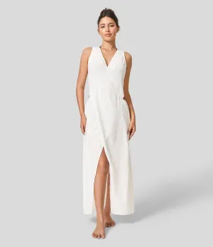 New Halara V Neck Sleeveless Cut Out Split Maxi Casual Linen-Feel Dress! White! L Retails $54 