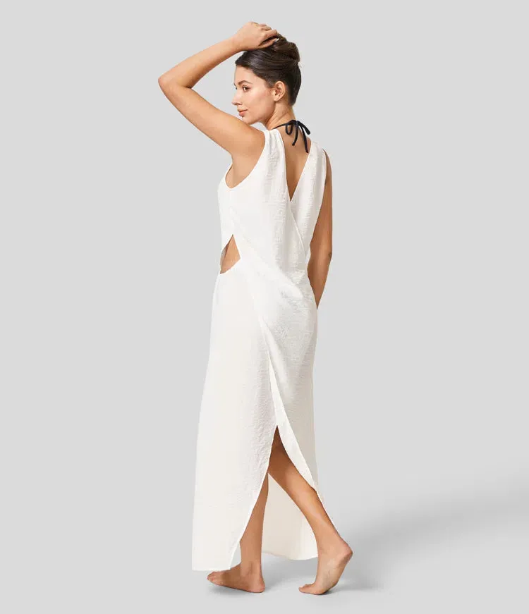 New Halara V Neck Sleeveless Cut Out Split Maxi Casual Linen-Feel Dress! White! L Retails $54 