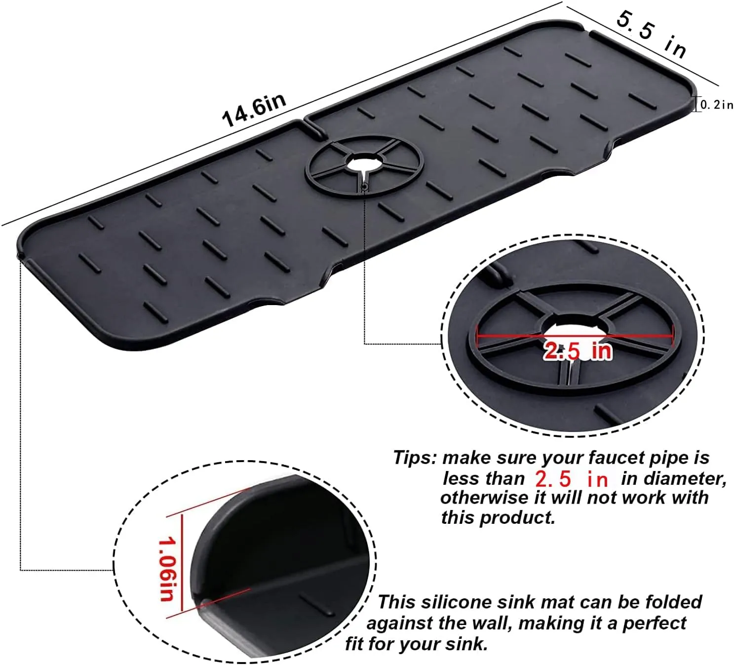 NEW Silicone Kitchen Faucet Sink Splash Guard, Silicone Faucet Water Catcher Mat – Sink Draining Pad Behind Faucet, Grey Rubber Drying Mat for Kitchen & Bathroom Countertop Protect (Black)