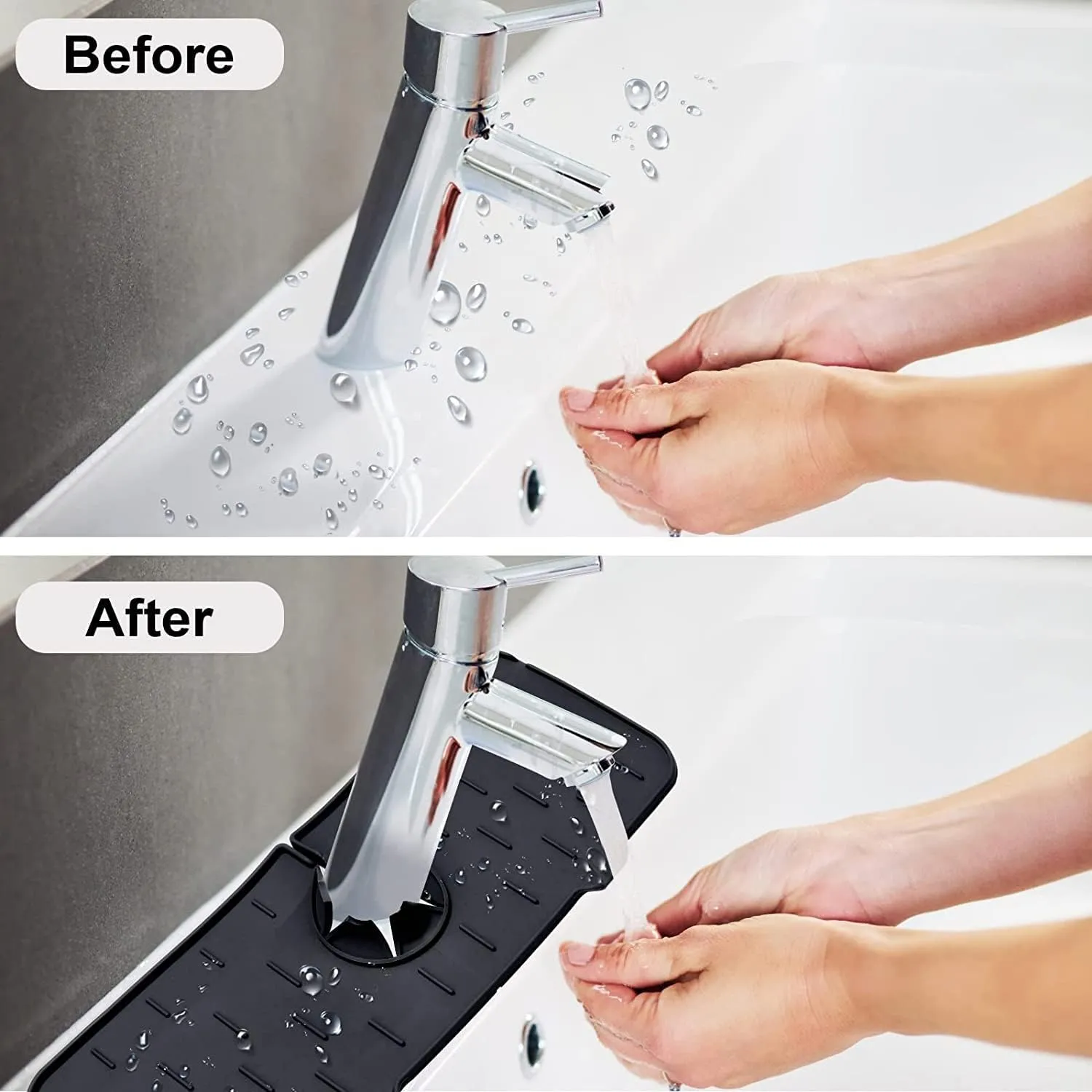 NEW Silicone Kitchen Faucet Sink Splash Guard, Silicone Faucet Water Catcher Mat – Sink Draining Pad Behind Faucet, Grey Rubber Drying Mat for Kitchen & Bathroom Countertop Protect (Black)