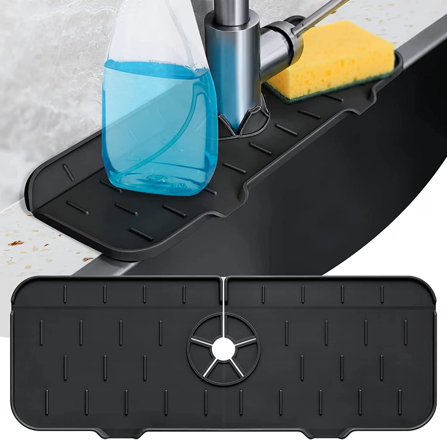 NEW Silicone Kitchen Faucet Sink Splash Guard, Silicone Faucet Water Catcher Mat – Sink Draining Pad Behind Faucet, Grey Rubber Drying Mat for Kitchen & Bathroom Countertop Protect (Black)