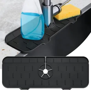NEW Silicone Kitchen Faucet Sink Splash Guard, Silicone Faucet Water Catcher Mat – Sink Draining Pad Behind Faucet, Grey Rubber Drying Mat for Kitchen & Bathroom Countertop Protect (Black)