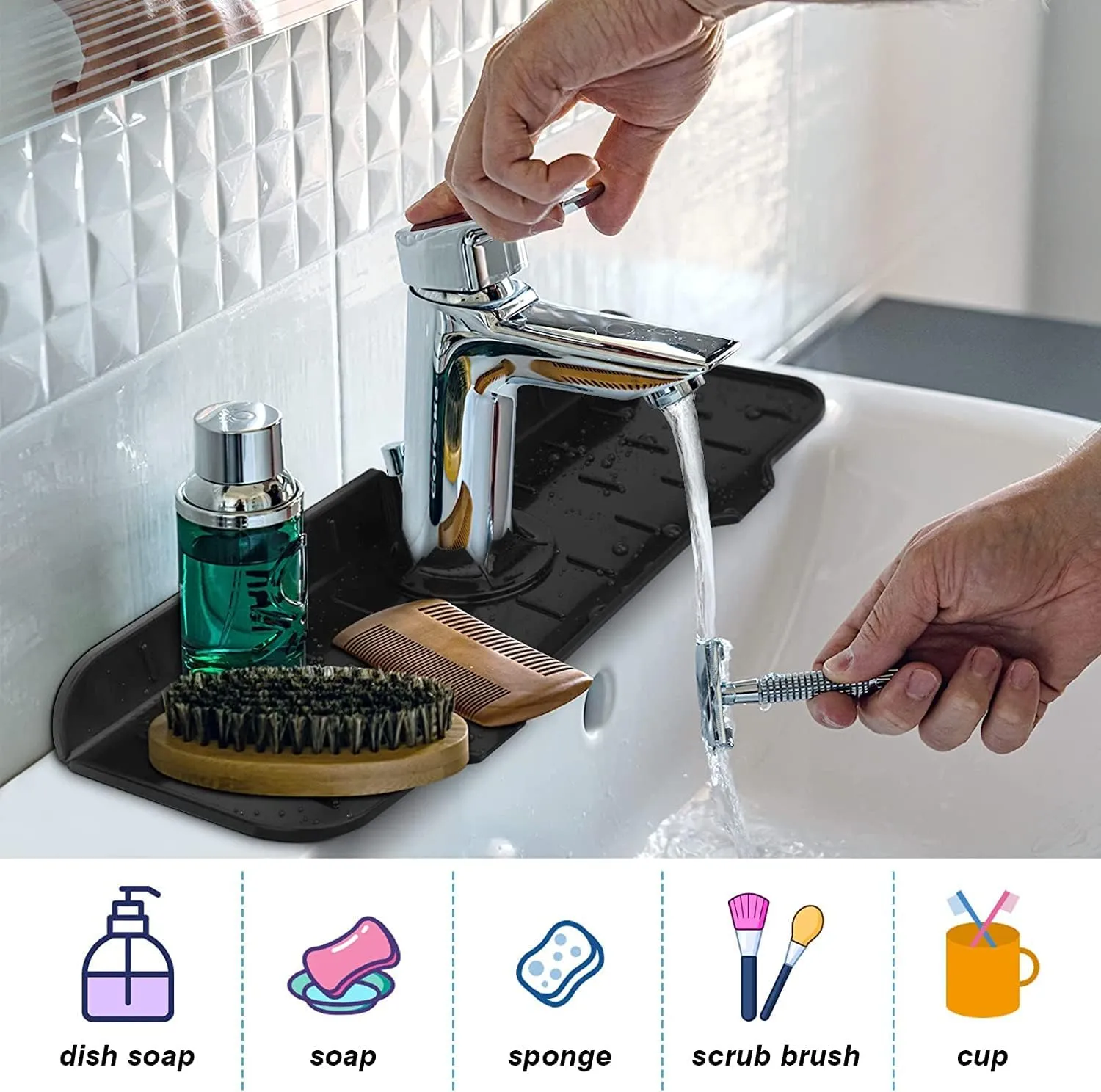NEW Silicone Kitchen Faucet Sink Splash Guard, Silicone Faucet Water Catcher Mat – Sink Draining Pad Behind Faucet, Grey Rubber Drying Mat for Kitchen & Bathroom Countertop Protect (Black)