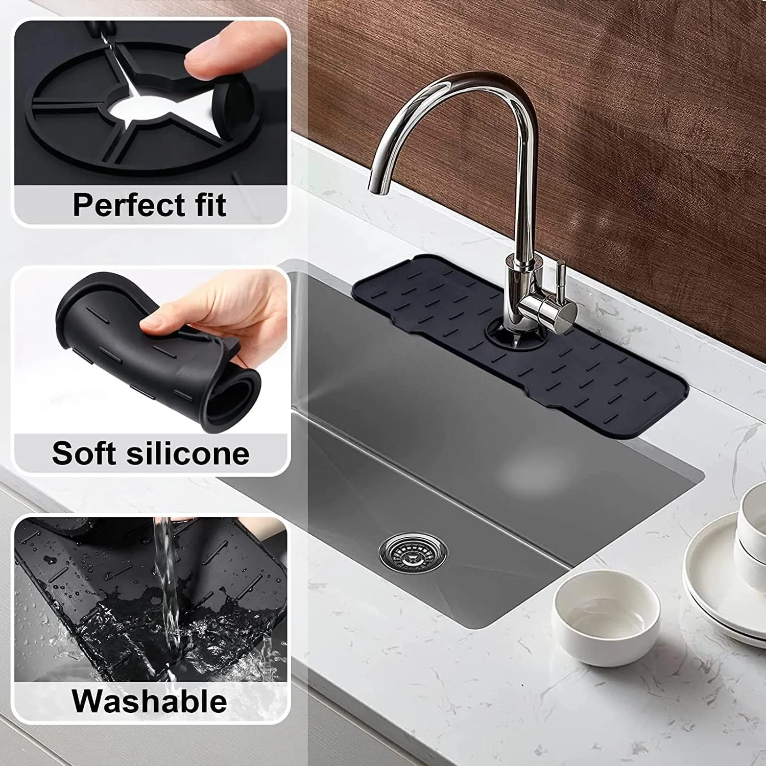 NEW Silicone Kitchen Faucet Sink Splash Guard, Silicone Faucet Water Catcher Mat – Sink Draining Pad Behind Faucet, Grey Rubber Drying Mat for Kitchen & Bathroom Countertop Protect (Black)