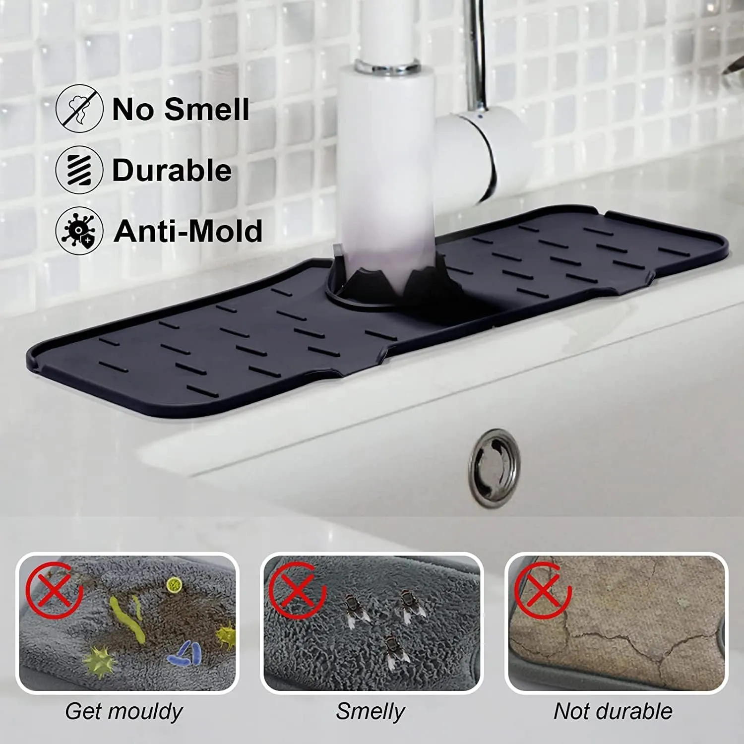 NEW Silicone Kitchen Faucet Sink Splash Guard, Silicone Faucet Water Catcher Mat – Sink Draining Pad Behind Faucet, Grey Rubber Drying Mat for Kitchen & Bathroom Countertop Protect (Black)