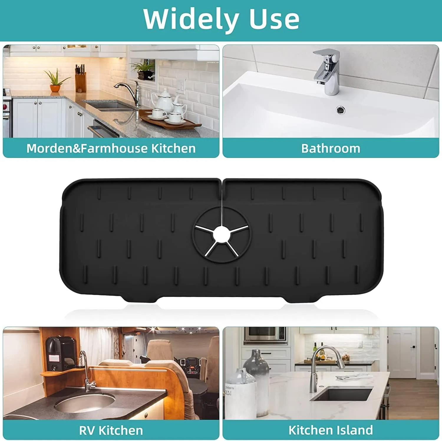 NEW Silicone Kitchen Faucet Sink Splash Guard, Silicone Faucet Water Catcher Mat – Sink Draining Pad Behind Faucet, Grey Rubber Drying Mat for Kitchen & Bathroom Countertop Protect (Black)