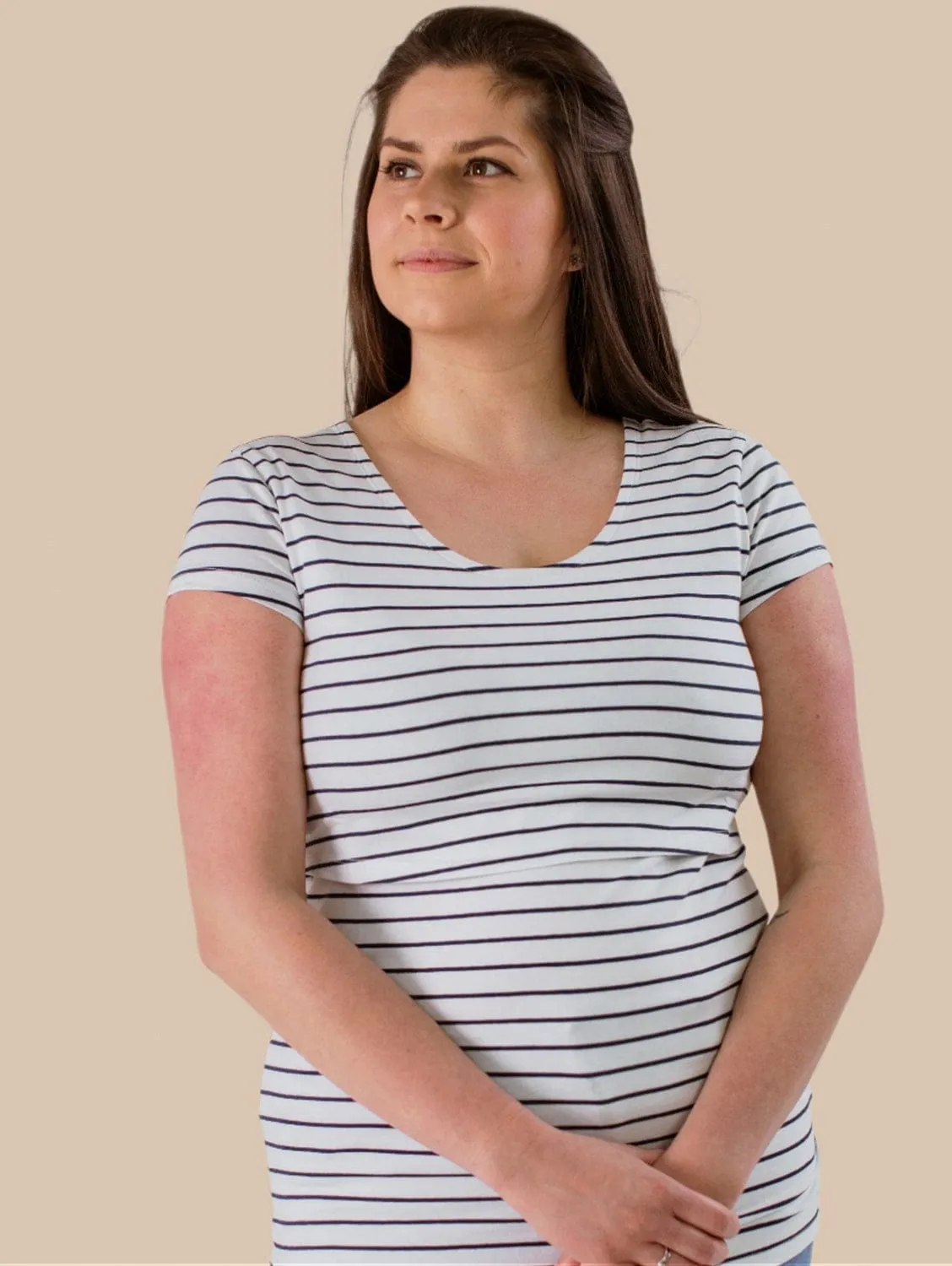 Nursing Short Sleeve Cotton T-Shirt | White/Navy Stripes