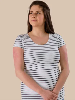 Nursing Short Sleeve Cotton T-Shirt | White/Navy Stripes