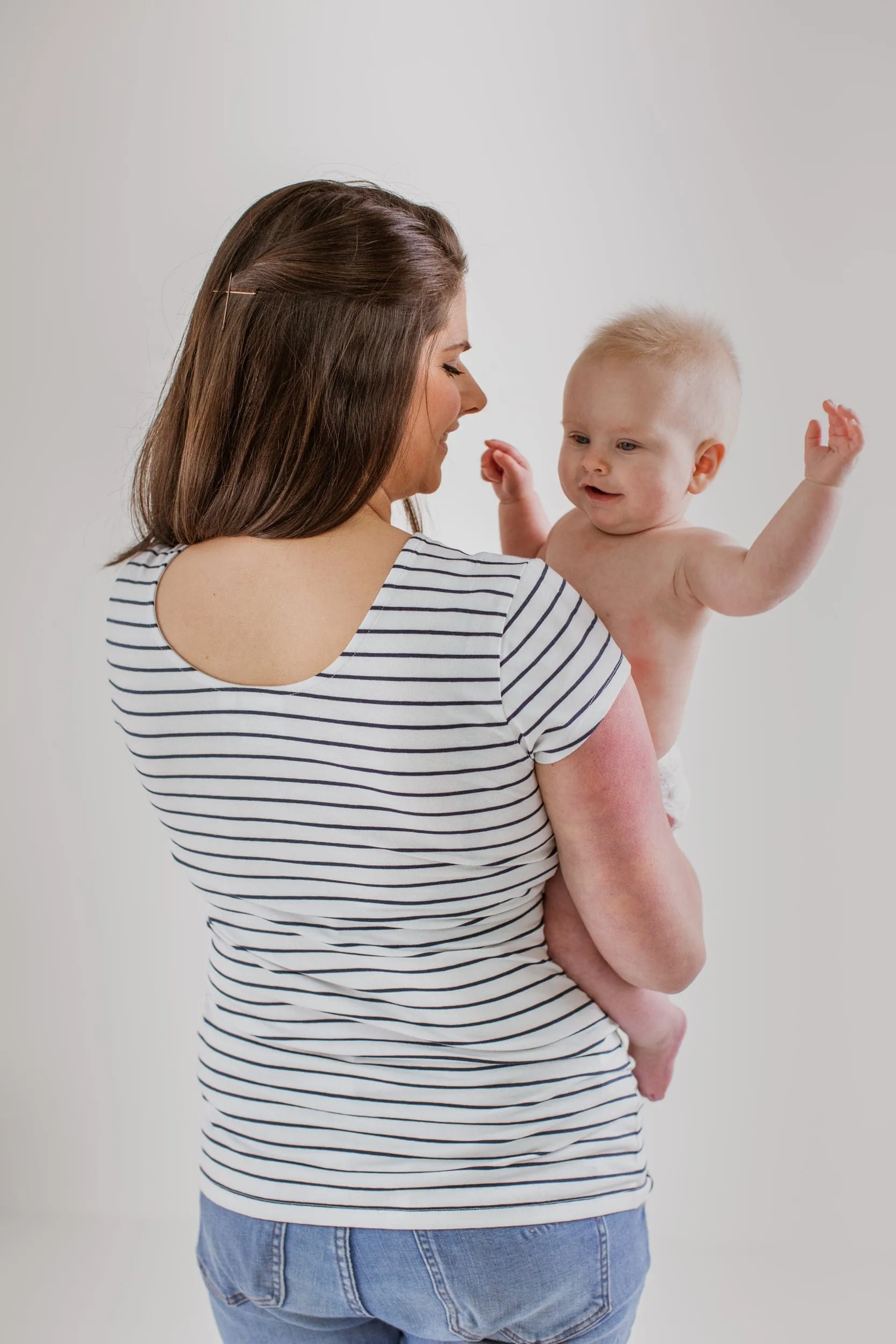 Nursing Short Sleeve Cotton T-Shirt | White/Navy Stripes