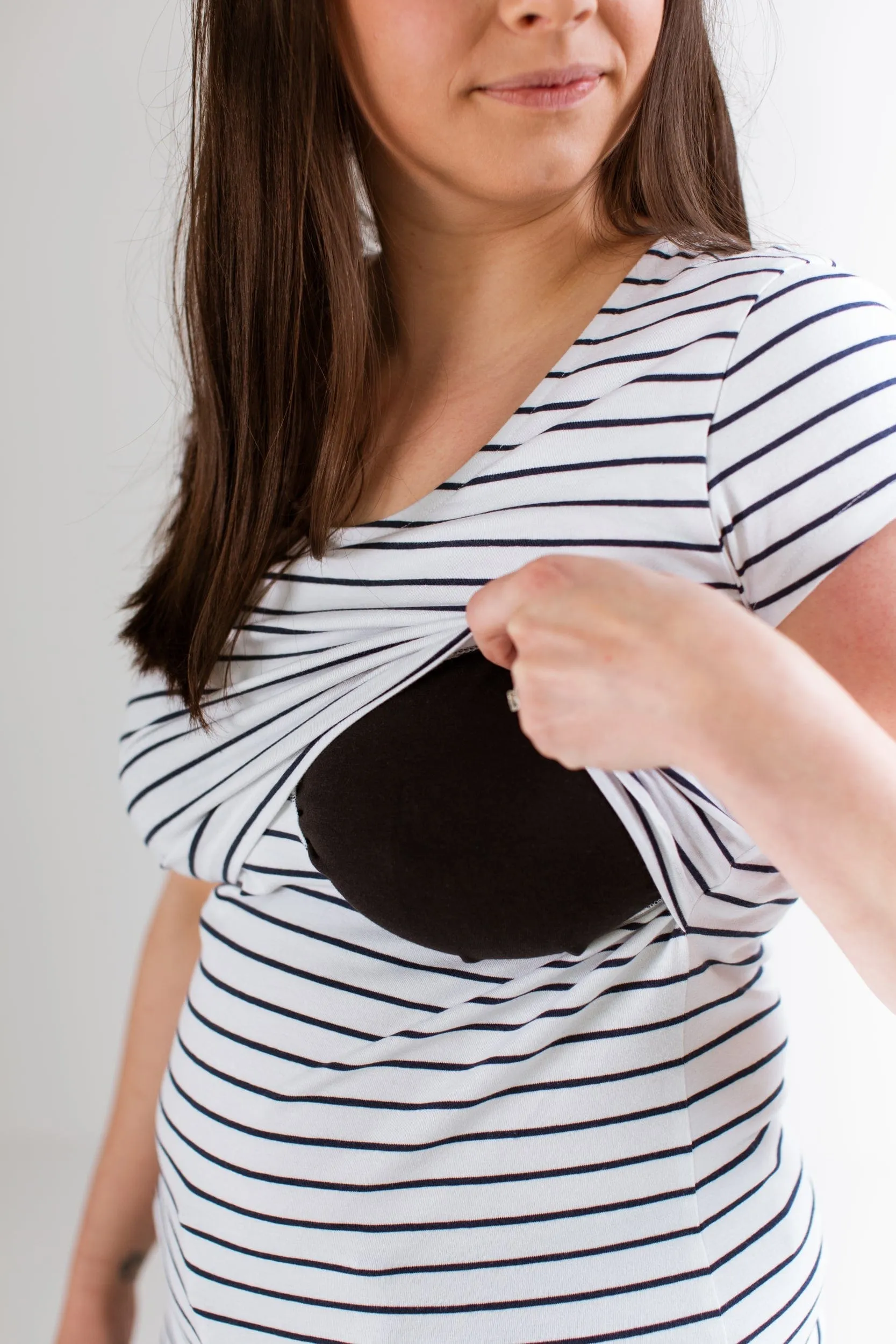 Nursing Short Sleeve Cotton T-Shirt | White/Navy Stripes