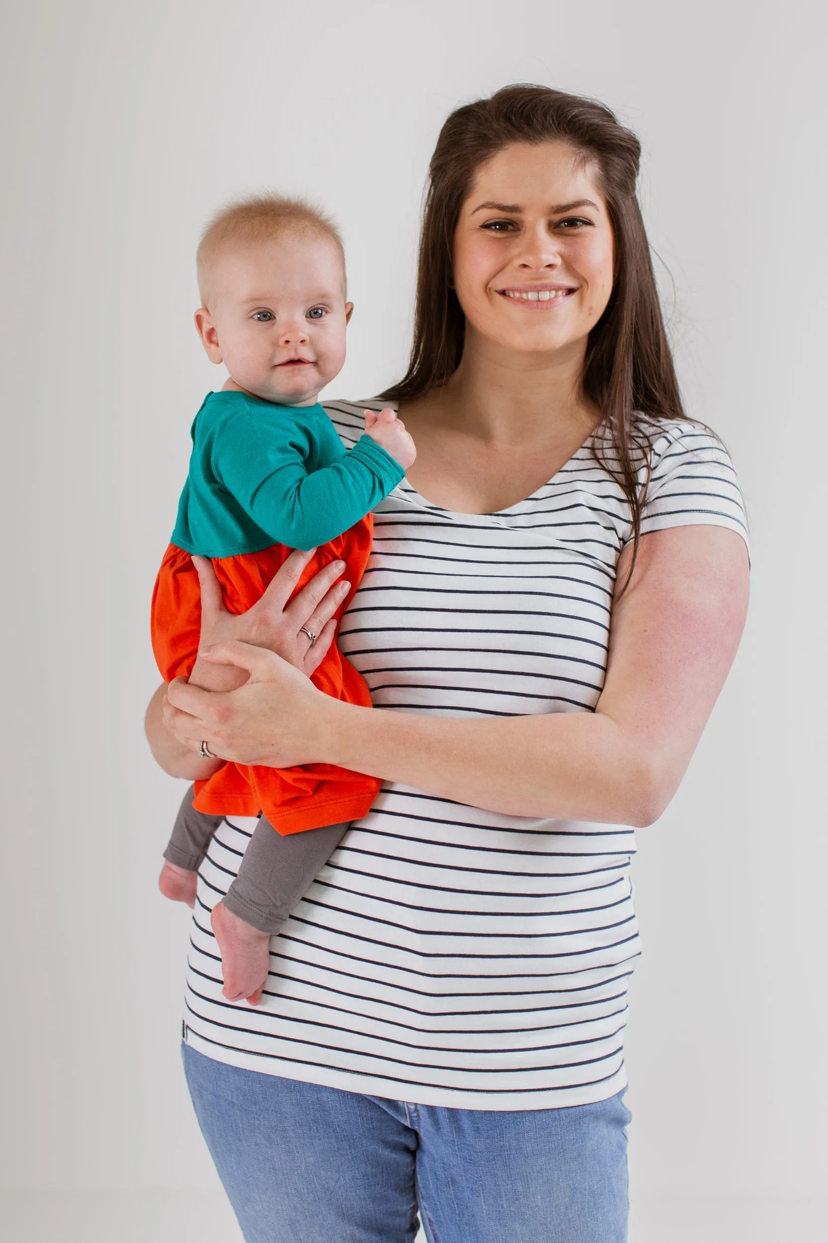 Nursing Short Sleeve Cotton T-Shirt | White/Navy Stripes