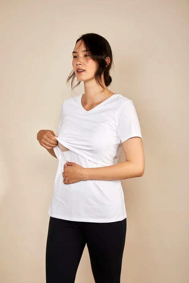 Nursing V Neck Cotton T-Shirt | White