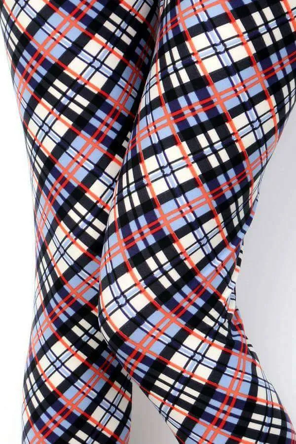 One Size Coral, Blue & White Plaid Leggings