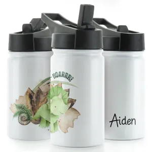 Personalised Green Triceratops and Name White Sports Flask