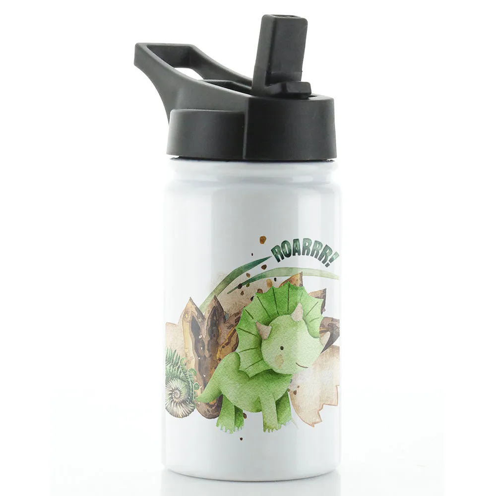 Personalised Green Triceratops and Name White Sports Flask