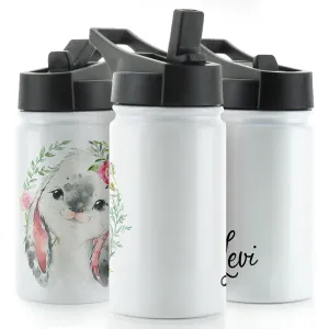 Personalised Grey Rabbit Flower and Name White Sports Flask