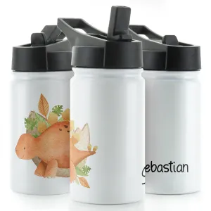Personalised Orange Stegosaurus and Name White Sports Flask