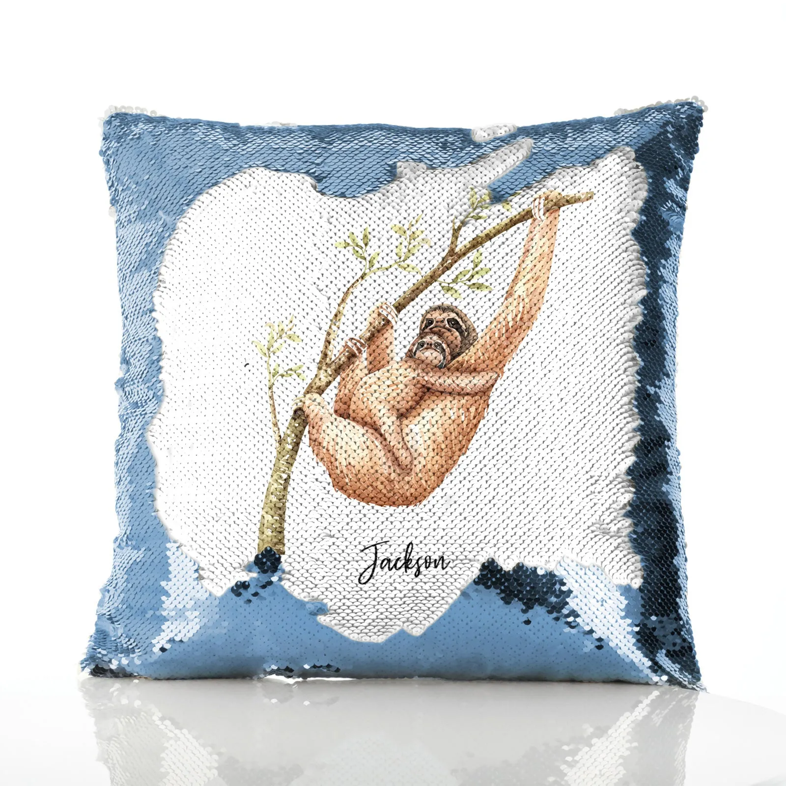 Personalised Sequin Cushion with Welcoming Text and Climbing Mum and Baby Sloths