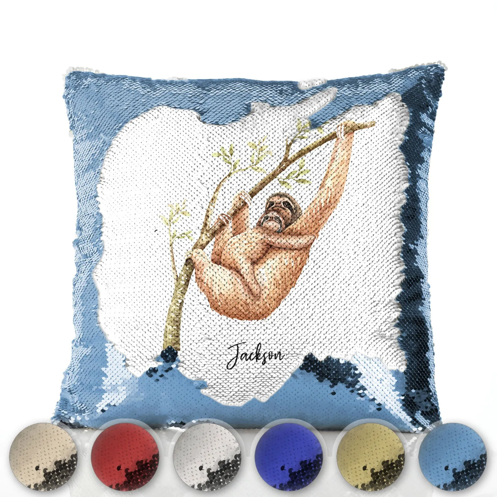 Personalised Sequin Cushion with Welcoming Text and Climbing Mum and Baby Sloths