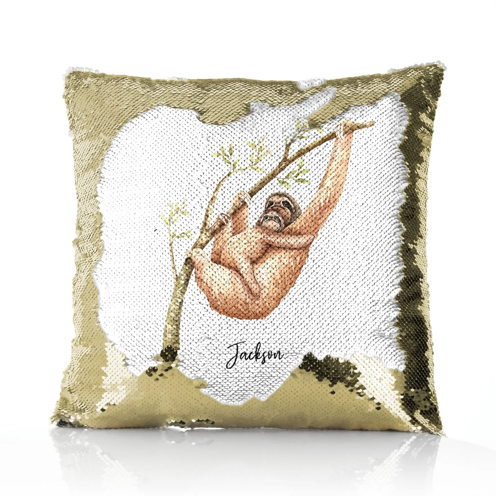 Personalised Sequin Cushion with Welcoming Text and Climbing Mum and Baby Sloths