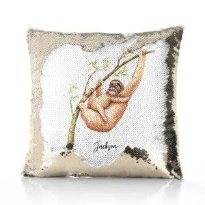 Personalised Sequin Cushion with Welcoming Text and Climbing Mum and Baby Sloths