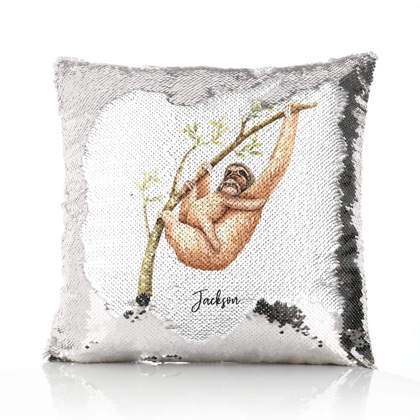 Personalised Sequin Cushion with Welcoming Text and Climbing Mum and Baby Sloths