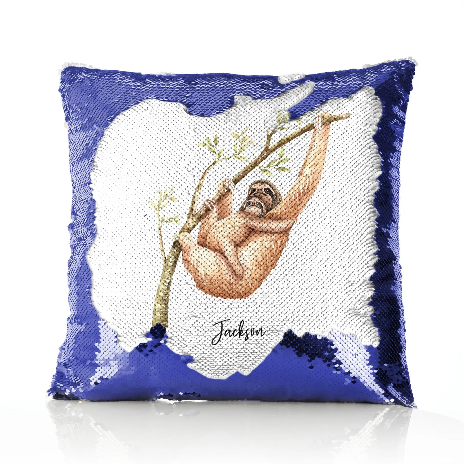 Personalised Sequin Cushion with Welcoming Text and Climbing Mum and Baby Sloths