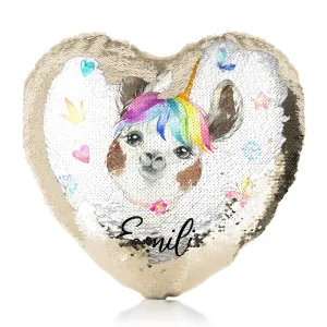 Personalised Sequin Heart Cushion with Alpaca Unicorn with Rainbow Hair Hearts Stars and Cute Text