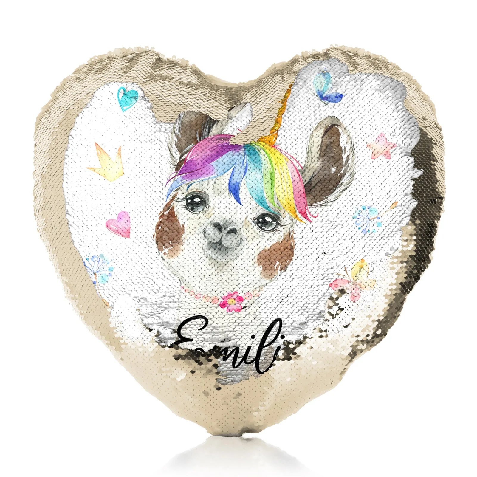 Personalised Sequin Heart Cushion with Alpaca Unicorn with Rainbow Hair Hearts Stars and Cute Text