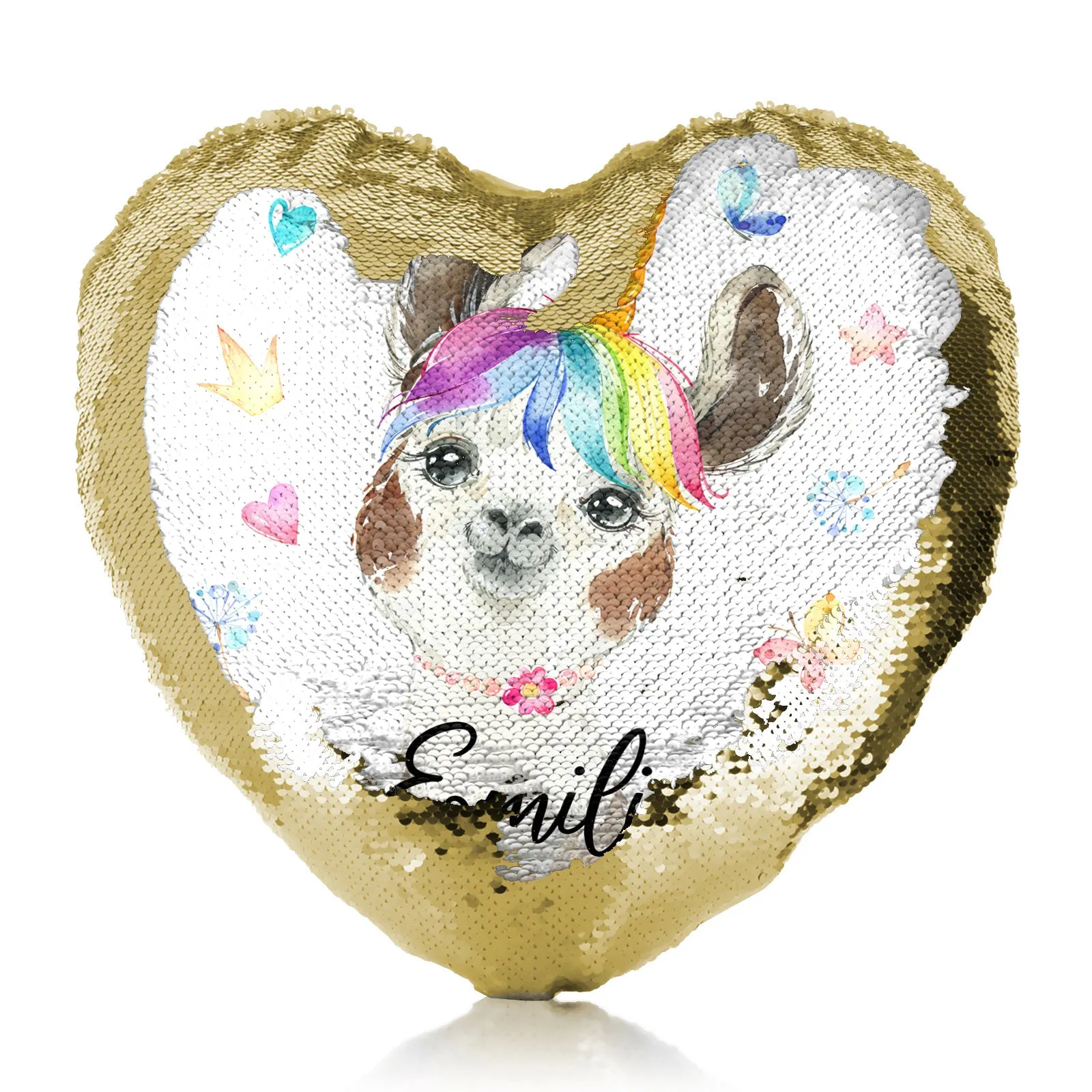Personalised Sequin Heart Cushion with Alpaca Unicorn with Rainbow Hair Hearts Stars and Cute Text