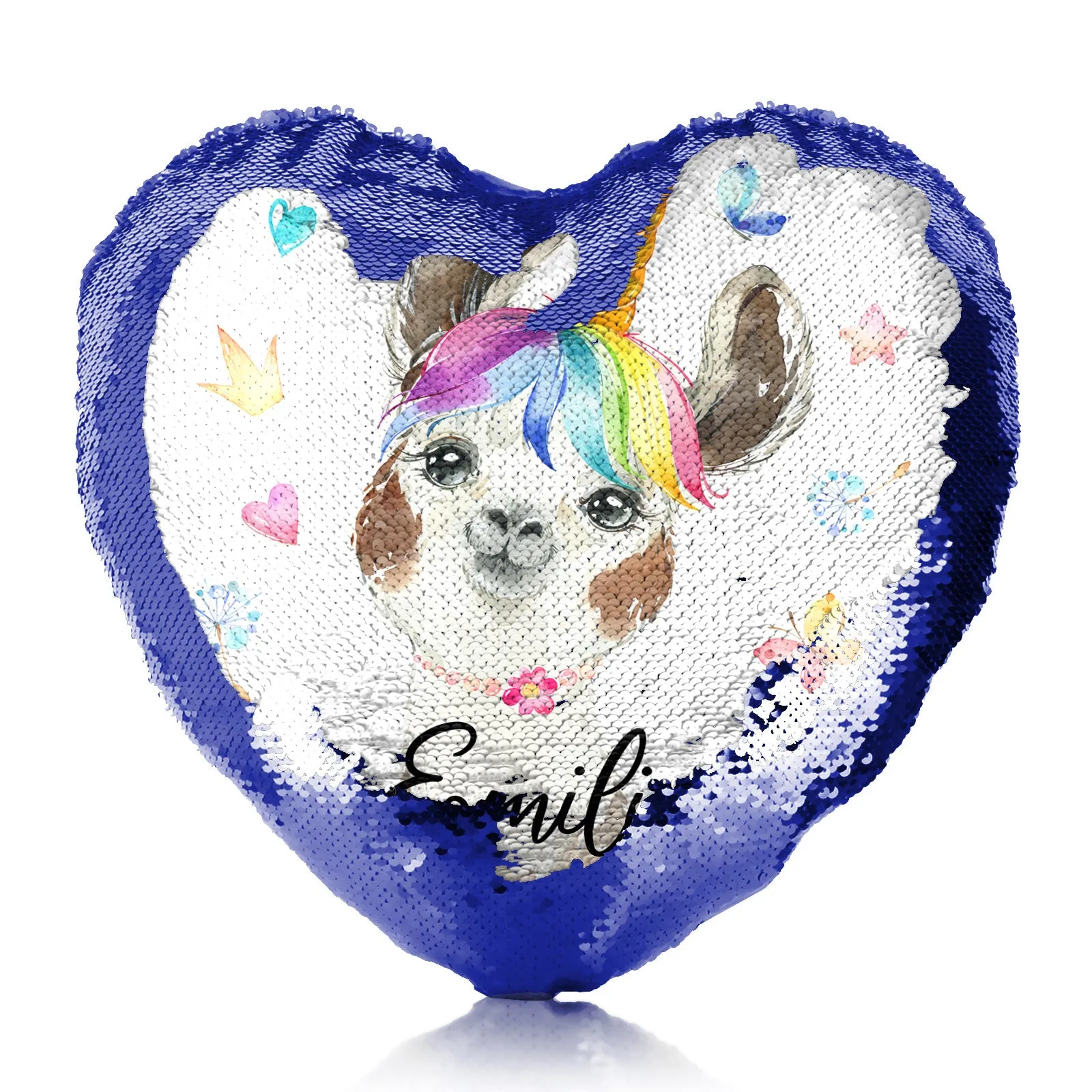 Personalised Sequin Heart Cushion with Alpaca Unicorn with Rainbow Hair Hearts Stars and Cute Text