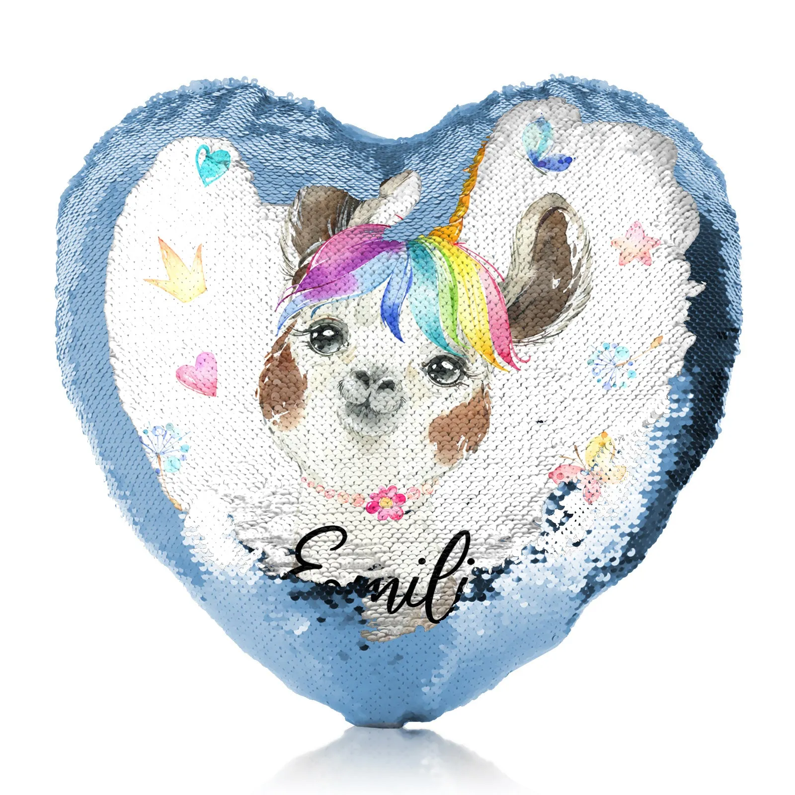 Personalised Sequin Heart Cushion with Alpaca Unicorn with Rainbow Hair Hearts Stars and Cute Text